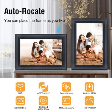 Цифровий фоторамка TSITSC 10.1 дюйма з Wi-Fi, IPS сенсорний екран, 32GB пам'яті, автоповорот, Frameo APP, чорний