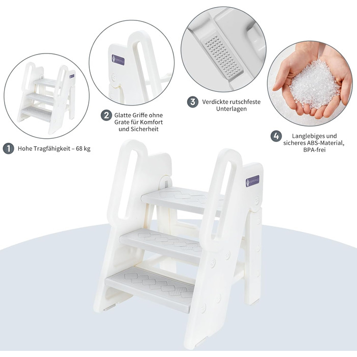 Дитячий тривалий стільчик Funecho: регульована висота, безпечні сходинки, антиковзаюча поверхня, пластик, сірий