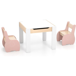 Дерев'яний дитячий стіл з 2 стільцями Dreamade, 3 шт. Дитяча меблева група з двостороннім столиком та місцем для зберігання, комплект меблів для дітей, меблі для хлопчиків та дівчаток (Білий) (Рожевий)