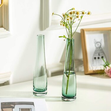 Скляна ваза для квітів, 2 шт. проста ваза для бутонів, високі тонкі пляшки з вузькими шарами для вітальні, будинку, офісу, прикраси інтер'єру, весільний стіл, центральні елементи робочого столу (темно-зелений)