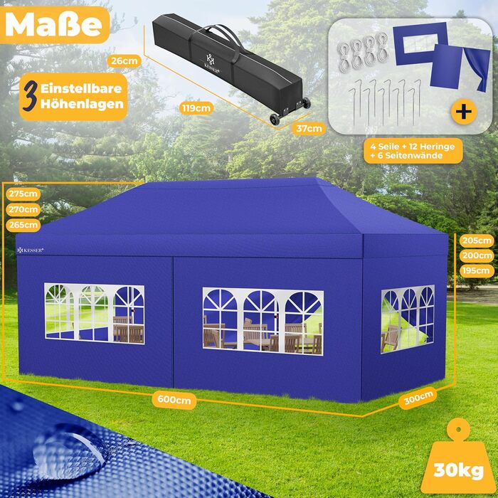 Павільйон KESSER® 6x3м з 6 знімними стінками, для саду, регульована висота, водовідштовхувальний, з сумкою, колісними анкерами, UV-захист 50+, для вечірок (Темно-синій)