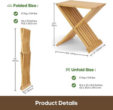 Складаний табурет для сауни та душу WILLOWYBE – водонепроникна бамбукова лавка, багатофункціональний стілець для ванної кімнати та парної, натуральний колір