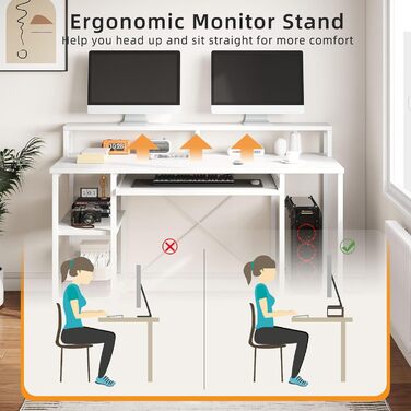 Комп'ютерний стіл для дому та офісу з підставкою для клавіатури, геймінговий стіл з підставкою для монітора та CPU-стійкою, сучасний стіл для навчання та роботи, білий, з полицями