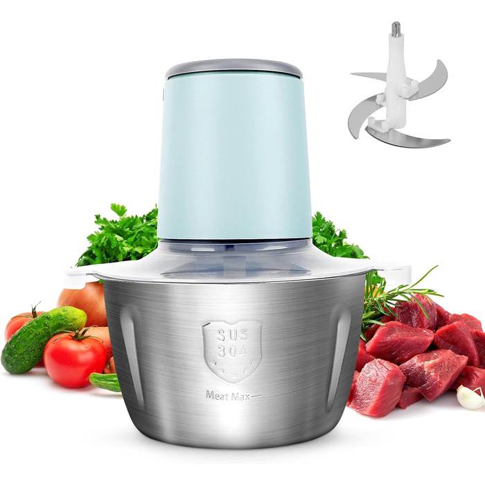 Електричний подрібнювач для кухні з великою ємністю 148W: 2 швидкості, 2л контейнер з нержавіючої сталі, 4 ножі з нержавіючої сталі. Подрібнювач для м'яса, цибулі, фруктів та овочів