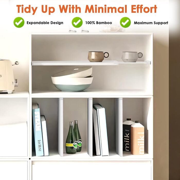 Органайзери для шухляд MUUKAIII (6 шт.) - бамбукові роздільники для шухляд, 43-56 см, 6 см висота, для кухні та шафи - білий