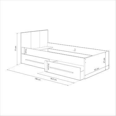 Ліжко дитяче Habitdesign Noa з 2 шухлядами, білий та дуб Nodi, 97x77x196 см (без ламелей)