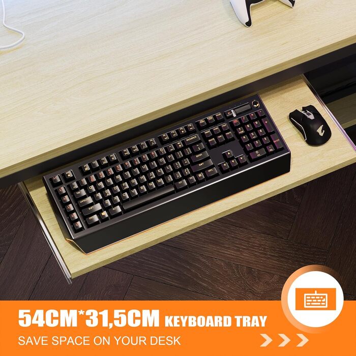 Ігровий стіл Flamaker L-подібний 140x140 см з RGB LED, підставка для монітора та ящик для зберігання | 2 розетки + 2 USB-порти (Вуглецеве волокно Чорний) (Бежевий)