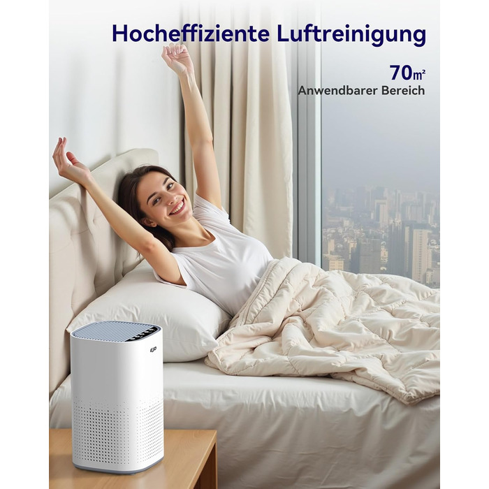Повітряочисник для великих спалень до 70 м² з CADR 223 м³/год, тихий H13 HEPA повітряочисник з режимом сну 15 дБ, 3-в-1 фільтр видаляє 99,97% пилку, пил, шерсть тварин, запахи