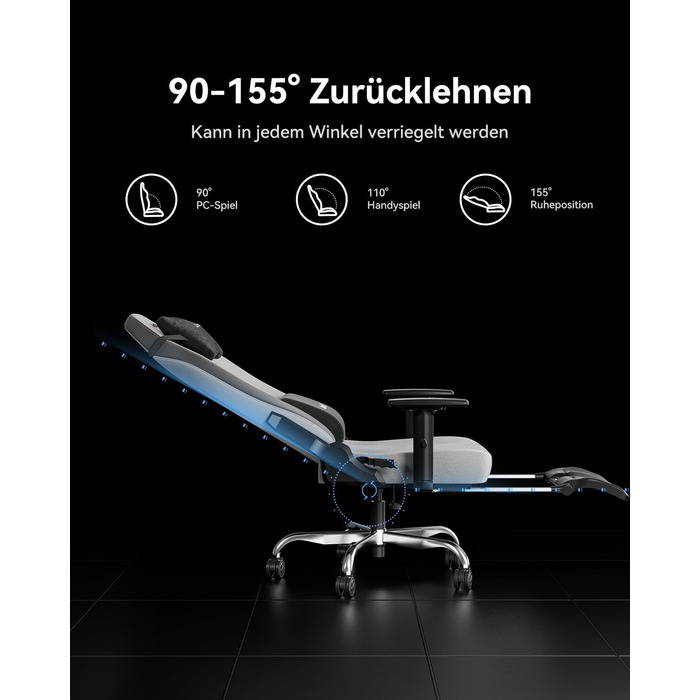 Ігровий крісло AutoFull C3 з ергономічною підтримкою спини | З регульованими підлокітниками, підставкою для ніг, подушками для голови та попереку | Макс. вага 150 кг | Сірий з тканинного покриття
