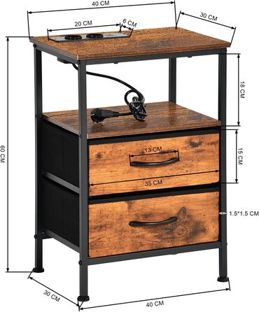 Нічні тумбочки EGGREE (2 шт) з зарядною станцією та шухлядами з тканини, колір вінтажний коричневий, для спальні, невеликих кімнат, готелю та апартаментів. USB-порти та розетки.