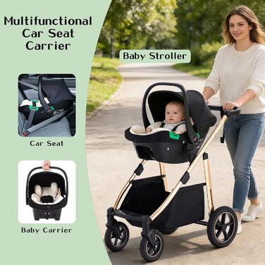 Дитяча коляска 3-в-1 | Комбінована коляска з автокріслом | Візок з регульованою ручкою | Алюмінієвий каркас | Москітна сітка | для новонароджених 0-4 роки, Зелений