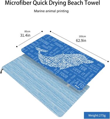 Швидкий сухий пляжний рушник з мікрофібри Hiturbo з чохлом для перенесення, рушником під тиском, рушником без піску, рушником з супер-абсорбентом (синій / дельфіновий)