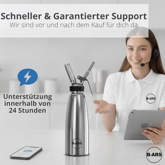 Дозатор для збитої вершкової пінки B-ARS з нержавіючої сталі 1л з аксесуарами: насадки для декорування, голка для інжекцій, щітка для чищення, сумка для зберігання та електронна книга з рецептами