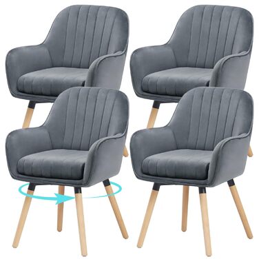 Крісла для обідньої зони Eluchang, 4 шт., поворотні на 360°, товста (10 см) оббивка, високі підлокітники, оксамит, до 150 кг, для кухні, спальні, вітальні (сірий)