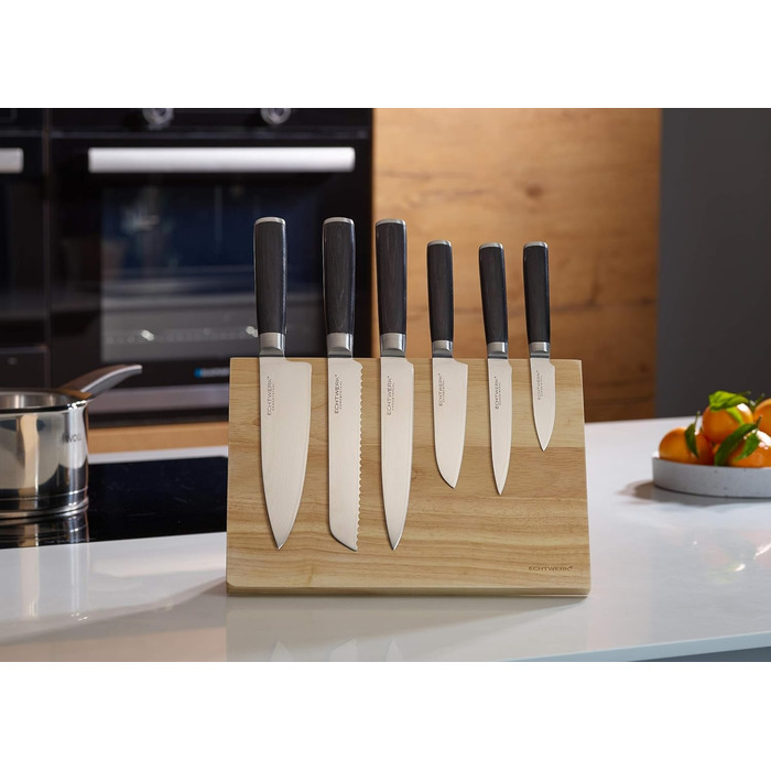 Набір кухонних ножів ECHTWERK Damast 7 предметів: кухонні ножі, ніж для хліба, ніж для філе, сантоку, універсальний ніж, ніж для очищення, ручки з пака-дерева, магнітний дерев'яний підставка