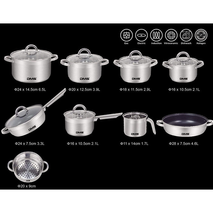Набір каструль DMS з 15 предметів з високоякісної нержавіючої сталі / індукційний / набір для приготування їжі і сковорідок з покриттям / посуд / hochwe
