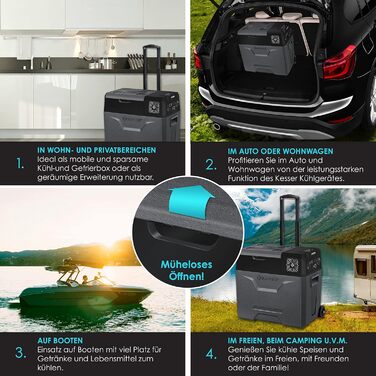 Електрична холодильна та морозильна камера KESSER® Kompressor, 50 літрів з керуванням через APP, USB, 12/24V/230V, телескопічна стійка, акумулятори холоду, колеса, охолодження до -20°C для авто, вантажівок, човнів, антрацит/чорний