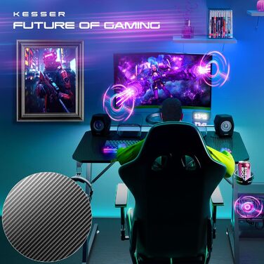 КЕССЕР® Ігровий стіл з підсвічуванням LED 140x60 см | З-подібний стіл для геймерів | Кріплення для навушників та вугільна обробка | Ергономічний стіл для ПК | Стабільний стіл з тримачем для напоїв, чорний