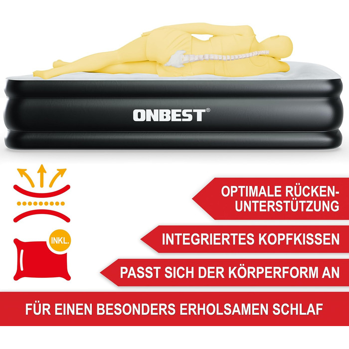 Надувне ліжко самостійно надувне – для 2 осіб – 203 x 152 x 46 см – з електричним насосом – надувне ліжко для гостей за 3-5 хвилин – вбудована подушка (Чорний)