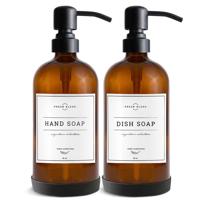 Набір дозаторів для мила 2 шт. для кухні та ванної кімнати, нержавіюча сталь, скло Amber, 475 мл, з водонепроникними етикетками (матова чорна)