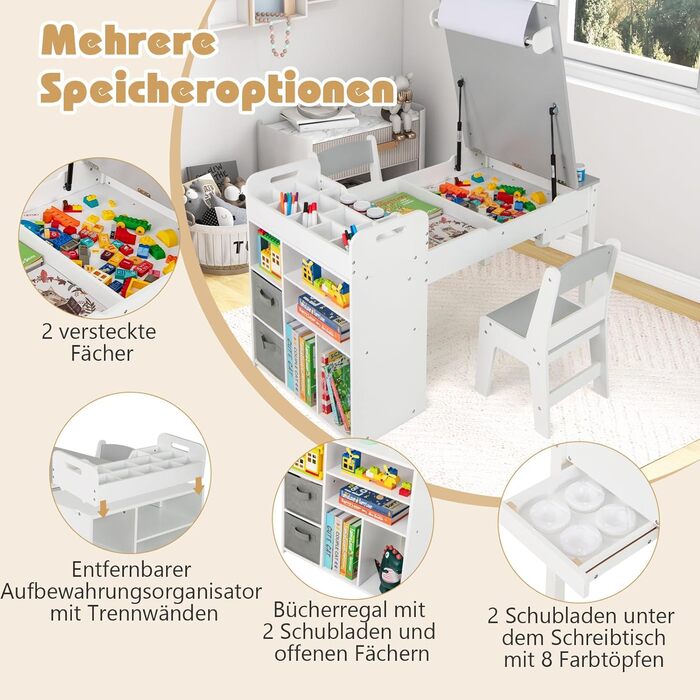 Детский стол Dreamade 3 в 1 с 2 стульями из дерева, стол для рисования с откидной столешницей и 2 тканевыми ящиками, детский столик-сидячая группа с хранением для детской комнаты (с 7 отделениями)