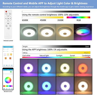 Світлодіодний стельовий світильник VOMI з динаміком Bluetooth, RGB, з можливістю затемнення, пульт дистанційного керування та додаток, 50 см, сучасний