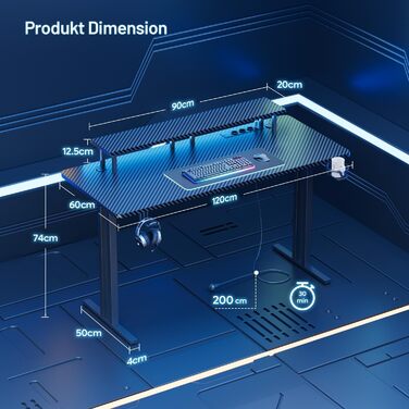 Ігровий стіл HLONONE з LED підсвічуванням, 120x60 см: стіл для геймінгу та офісу з 3 розетками та 2 USB-портами, стійкий комп'ютерний стіл, чорний