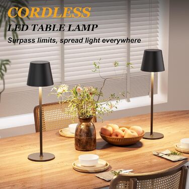 LED-лампа настільна акумуляторна бездротова, 2 шт. з регулюванням яскравості та 3 колірними температурами, сенсорне керування, зарядка USB-C, для дому, відпочинку та кемпінгу (чорний)
