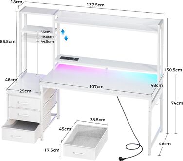 Ігровий стіл Coleshome з полицею та шухлядами, 137x48 см. Стіл для геймінгу з LED-підсвічуванням, розеткою, місцями для зберігання та підставкою для монітора. Колір: карбонове волокно.
