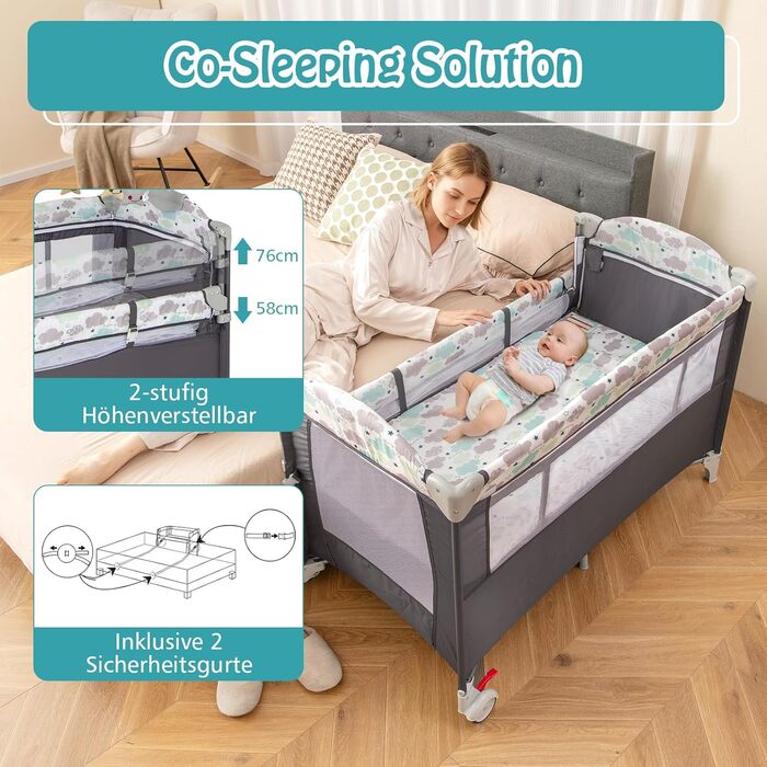 Дитяче ліжко-манежа Dreamade 120 x 60 см з колесами, 4 в 1: ліжко, манежа, пеленальний столик, туристичне ліжко для новонароджених (Сірий)