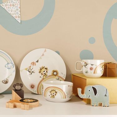 Набір дитячого посуду Villeroy & Boch Boho Kids 'Roar like a lion' (3 шт.) Бежевий, для миття в посудомийній машині, з мікрохвильовкою, з зображенням лева та мавпи, преміум-посуд