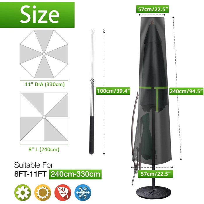 Чохол для парасольки GEMITTO, захисна накидка для парасольки, водонепроникний, для парасольки від 2 до 4 м, 420D, захист від сонця та вітру