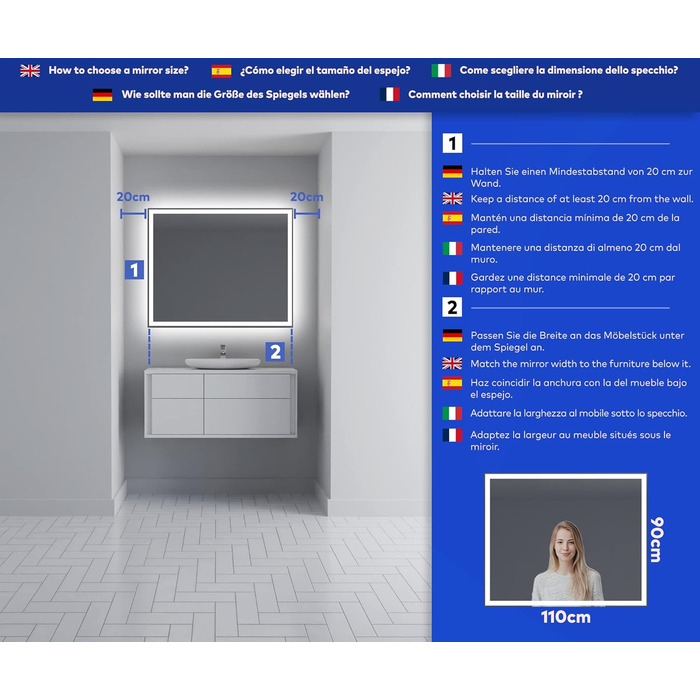 Дзеркало для ванної кімнати з підсвічуванням FORAM - LED дзеркало 120x70 см - З індивідуальним замовленням - Сучасний дизайн без рами (Ambient Line)