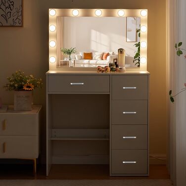 Туалетний столик зі світлом і дзеркалом, з пуфом, 6 ящиків та 6 поличок, 80x36x130 см (PE50)