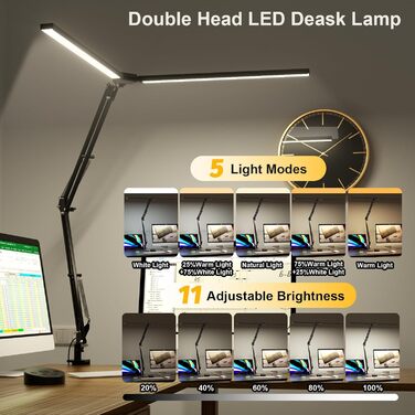 LED лампа настільна SKYLEO з двома головками, керування від пульта, 2400 лм, 24 Вт, 5 режимів колірної температури, таймер, кріплення, для офісу та читання, чорний, 76 см