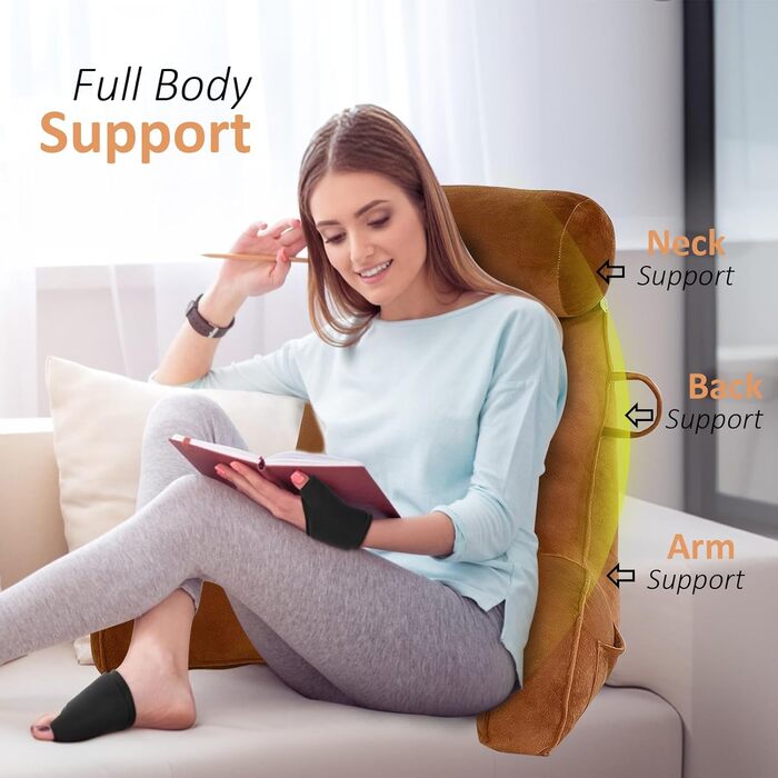 Подушка для читання MINGPINHUIUS XL для ліжка та дивана з знімною подушкою для шиї, ідеальна для дорослих, з піною з пам'яті для комфортного читання, роботи, ігор, перегляду телевізора та відпочинку (Коричнева)