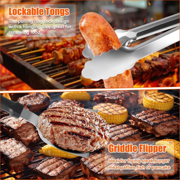 Набір гриль-посуду, 28 предметів: професійний набір з нержавіючої сталі з сумкою, подарунок на День народження, Різдво для чоловіків, для саду та кемпінгу, BBQ