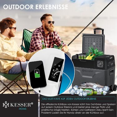 Електрична холодильна та морозильна камера KESSER® Kompressor, 50 літрів з керуванням через APP, USB, 12/24V/230V, телескопічна стійка, акумулятори холоду, колеса, охолодження до -20°C для авто, вантажівок, човнів, антрацит/чорний
