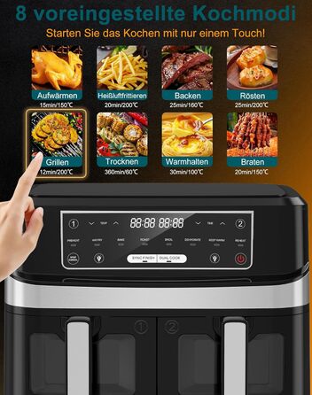 Подвійна фритюрниця без олії з 2 камерами, 10л, 8-в-1, сенсорний екран, таймер, XXL