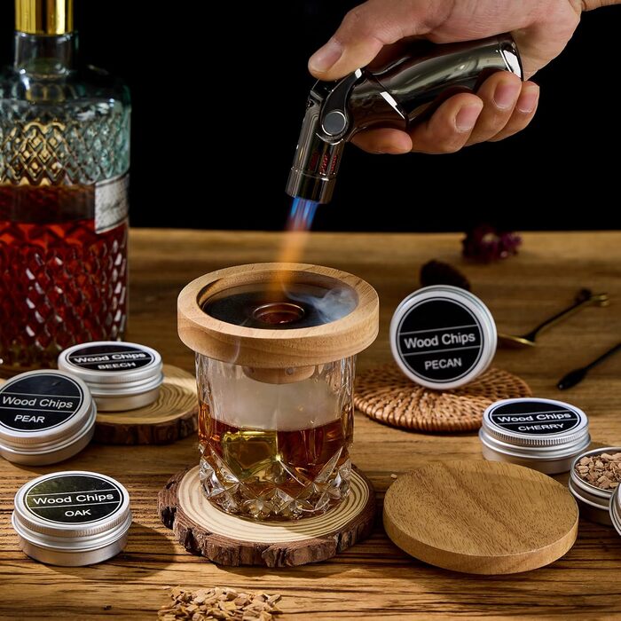 Набір для копчення віскі – Old Fashioned Cocktail Geschenkset з 6 ароматичними дерев'яними чіпсами, 4 гранітними камінцями, запальничкою та аксесуарами для любителів віскі та коктейлів (без бутану) (силіконова куля & гранітні камені)