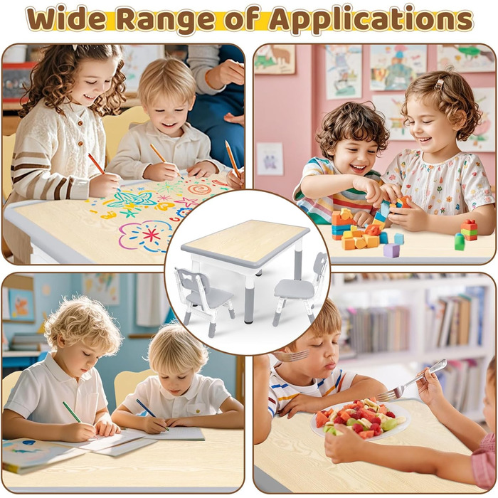 Дитячий стіл зі стільцями (80x60 см), регульована висота, сірий. Ідеально для дитячого садка, ігор, малювання. Легко миється. Комплект для дітей від 2 років.