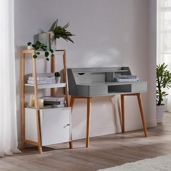 Дитячий письмовий стіл Teamson Home Creativo з МДФ, з полицями та шухлядами, білий/натуральний, VNF-00045 (Світло-сірий)