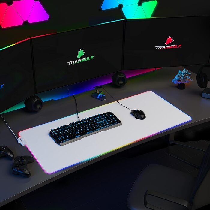 Кисмет TITANWOLF XXXL RGB килимок для миші – 1200 x 600 мм, LED, 7 кольорів, 4 режими, для геймінгу, гумовий, миється (білий)