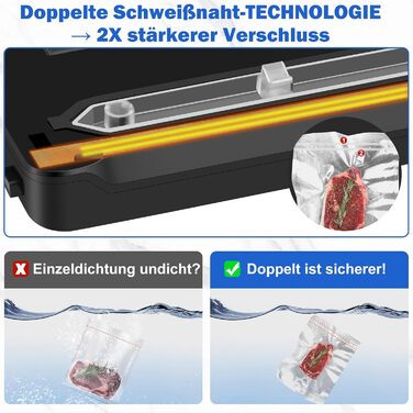 Вакууматор для продуктів 7 в 1 з подвійним швом, професійний вакуумний пакувальник з цифровим таймером, вбудованим різаком та 50 пакетами, сріблясто-чорний