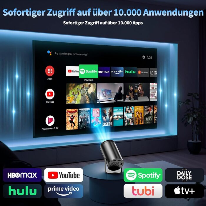 Beamer 4K: Міні проєктор з WiFi 6, Bluetooth 5.2, Android, 270° оберт, Auto Keystone, для PC/HDMI/USB, з мишкою та пультом, білий (20-Black)