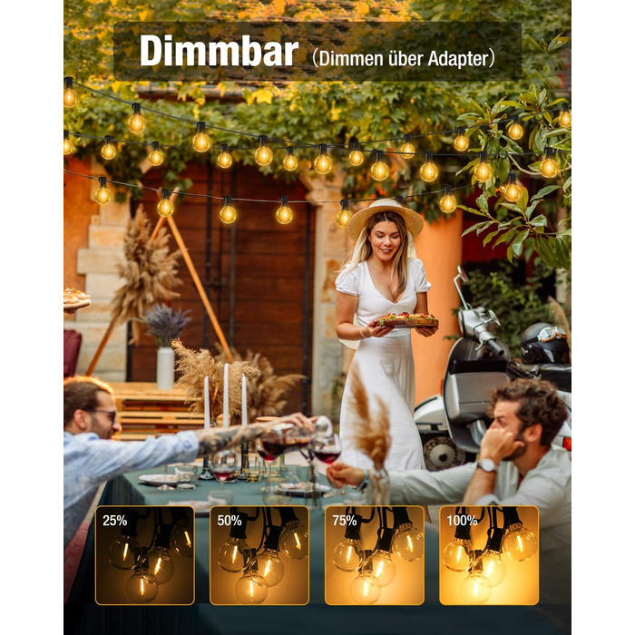 LED гірлянда для декорування вулиці, 15 метрів, димер, таймер, тепле світло G40, вологостійка, для саду, балкону, вечірки, павільйону, тераси