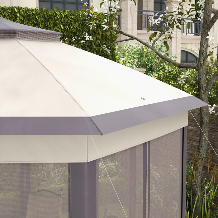 Альтанка Outsunny Garden Folding Gazebo 4x4 м Pop Up Tent Party Tent з сумкою для перенесення та 6 бічними панелями, подвійний навіс шестикутний у кавовому та бежевому кольорах