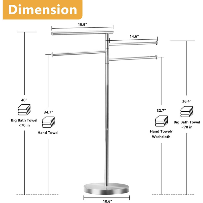 Підлоговий тримач для рушників YOFOVI, срібляний, з 4 поворотними руками, нержавіюча сталь, 101,6 см