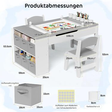 Дитячий стіл зі стільцями, дерев'яний набір, дитяча група сидінь з місцем для зберігання, стіл для малювання з рулоном паперу, стіл для малювання та рукоділля для дітей від 3 років (Сірий)