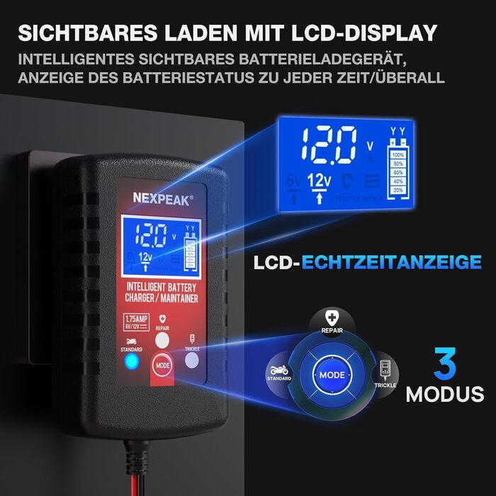 Зарядний пристрій для акумулятора Nexpeak NC175: 6V/12V, 1.75A, Smart, для автомобілів